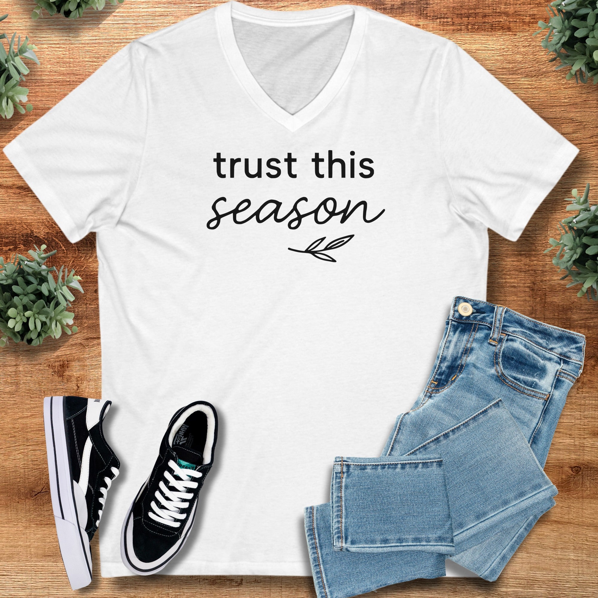 trust this season – Bella Canvas V‑Neck Shirt on S — Bella Canvas V‑Neck Shirt, soft unisex fit, minimalist graphic