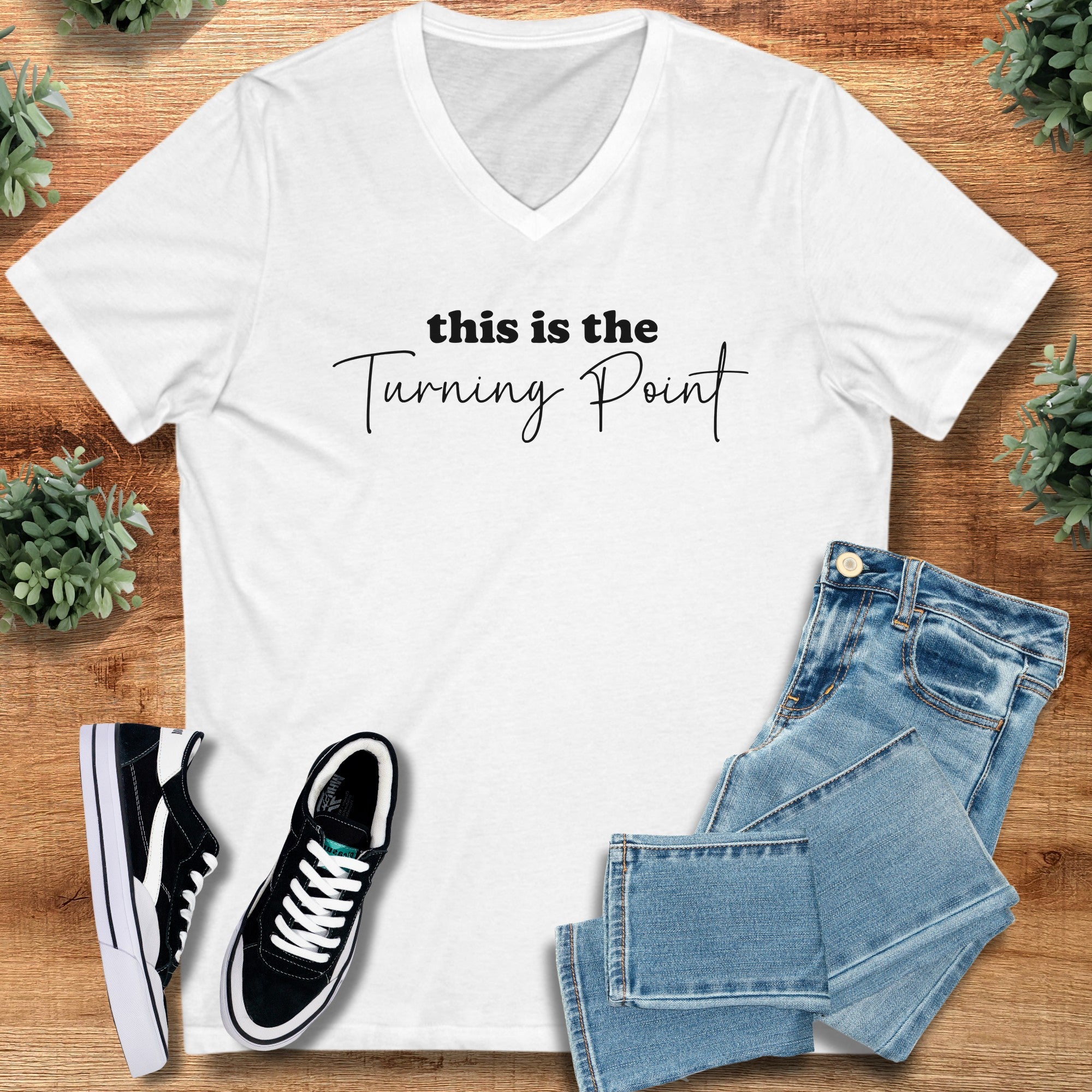 this is the turning point – Bella Canvas V‑Neck Shirt on S — Bella Canvas V‑Neck Shirt, soft unisex fit, minimalist graphic