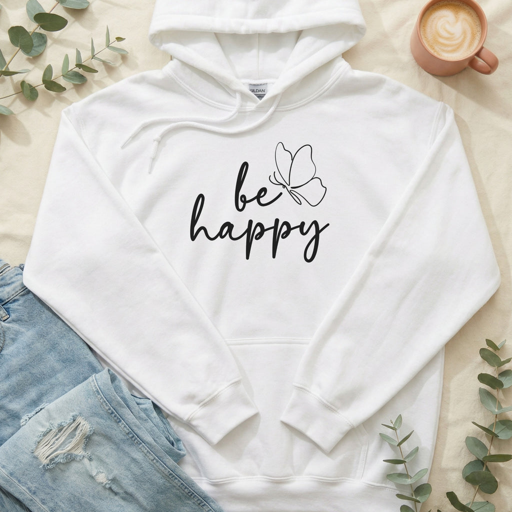 Be Happy Butterfly White Hoodie Inspirational Design