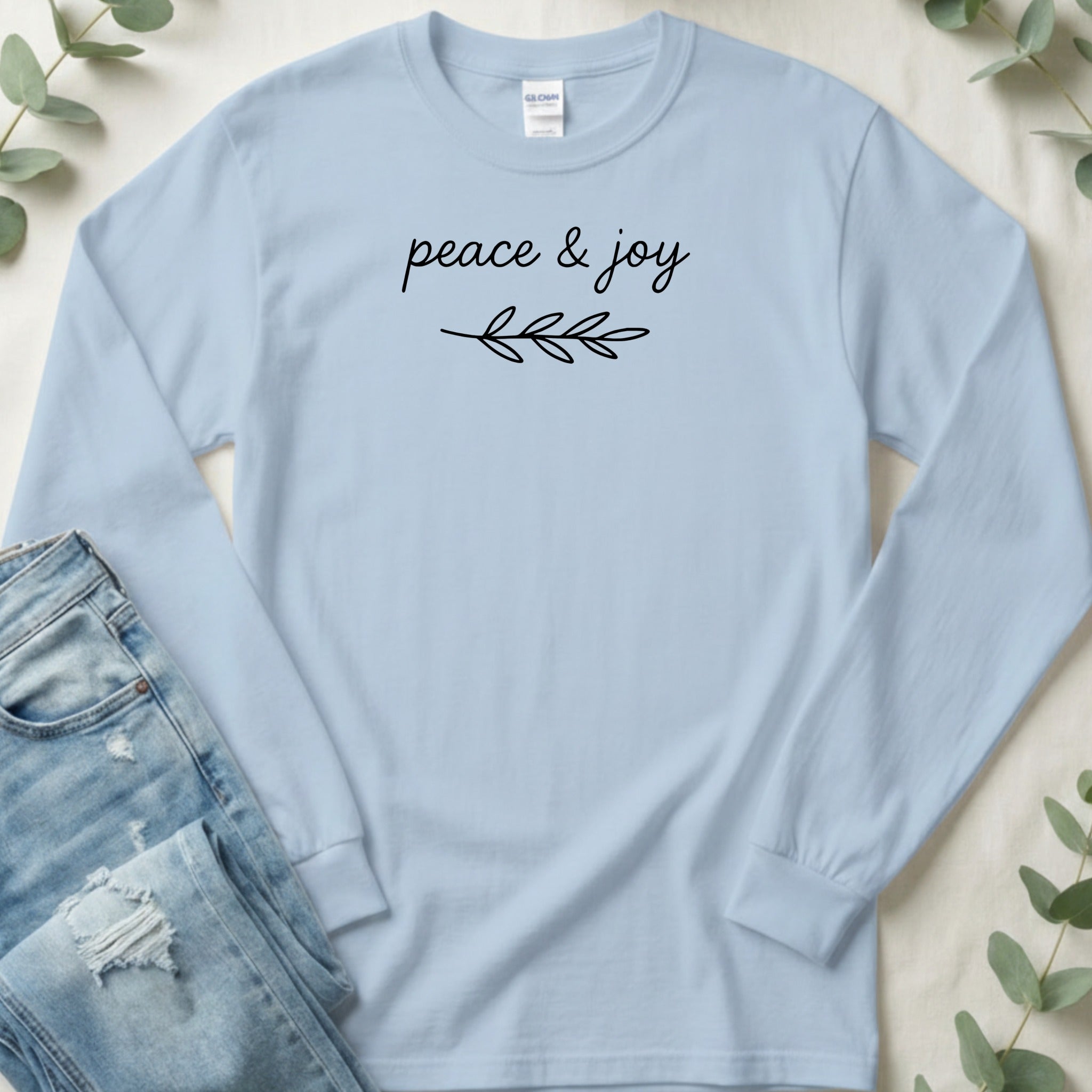 Peace and Joy with Branch Design Long Sleeve T-Shirt