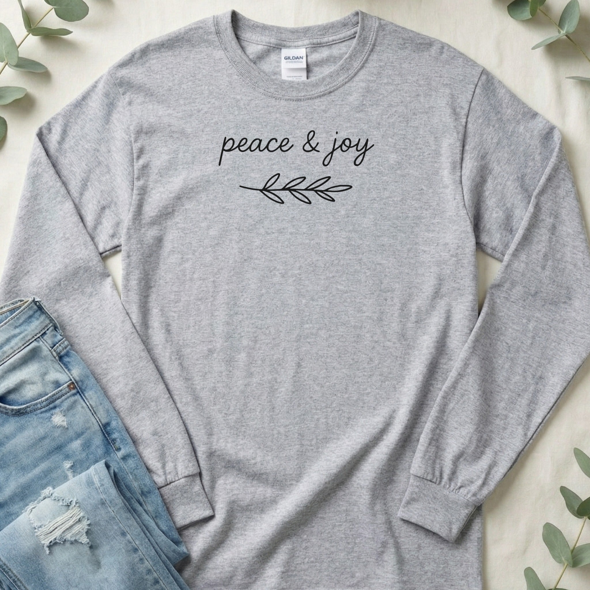 Peace and Joy with Branch Design Long Sleeve T-Shirt